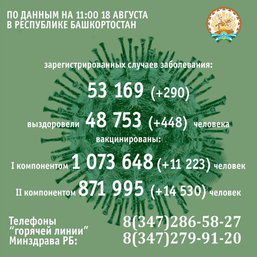 За минувшие сутки COVID-19 в Башкортостане подтвердили у 290 человек