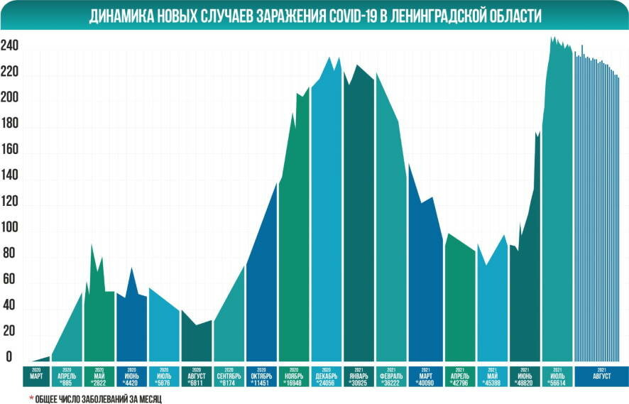 На 25 августа в Ленинградской области коронавирус подтвержден еще у 219 человек
