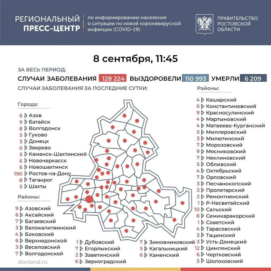471 новый случай COVID-19 выявлен в Ростовской области по данным на 8 сентября (карта распространения)