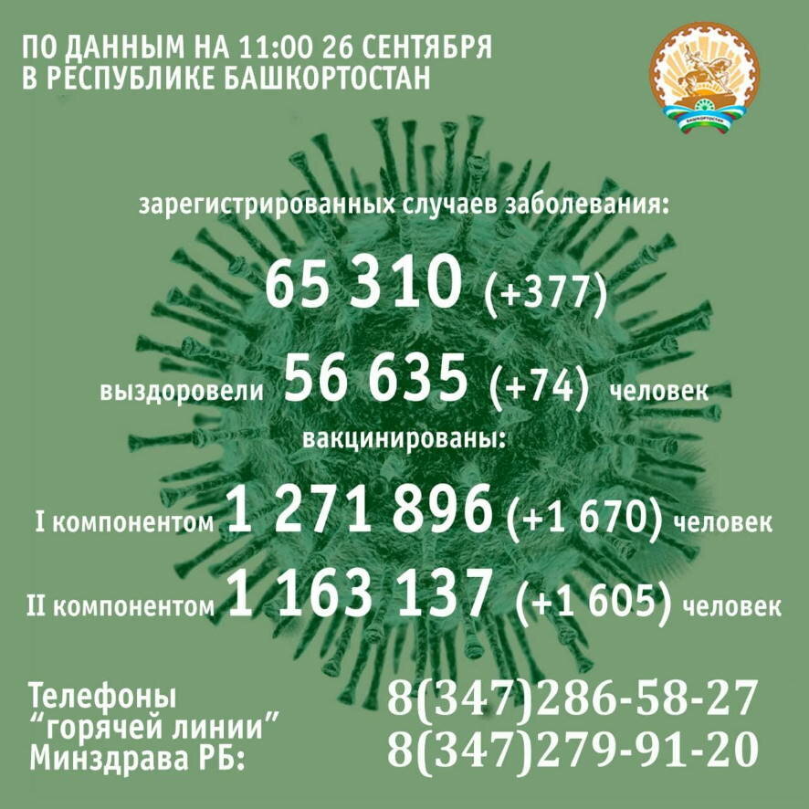 За минувшие сутки COVID-19 в Башкортостане подтвердили у 377 человек