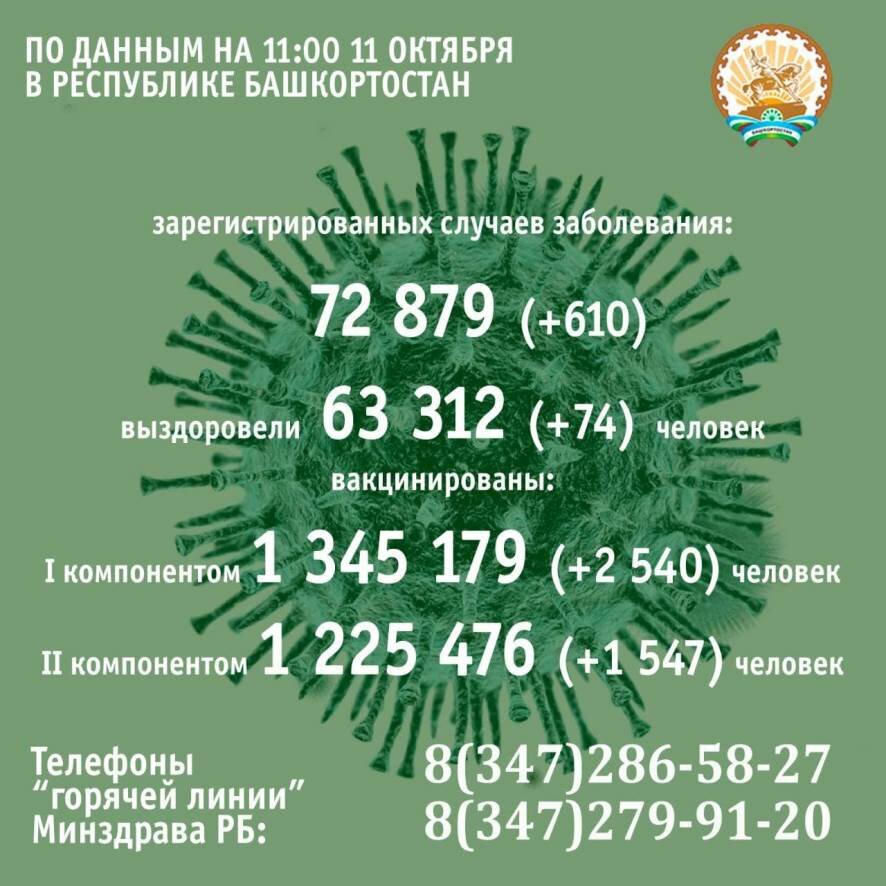 610 человек заболели коронавирусом в Башкортостане на 11 октября