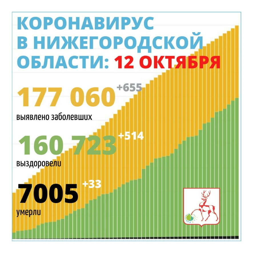 В Нижегородской области 12 октября выявлено 655 новых случаев заражения коронавирусом