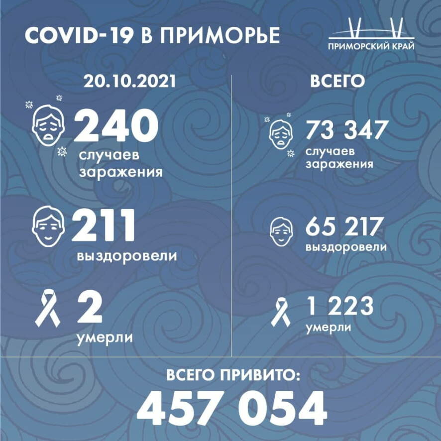 В Приморском крае на 20 октября подтверждено 240 новых случаев коронавируса