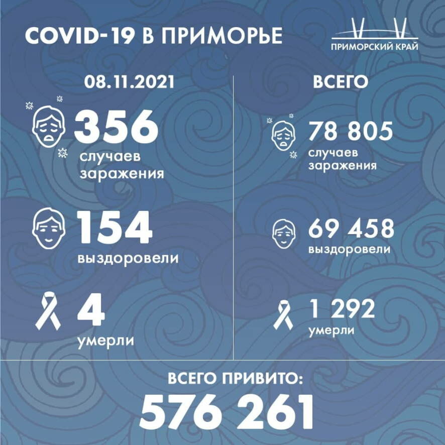 На утро 8 ноября в Приморском крае подтверждено 356 новых случаев коронавируса