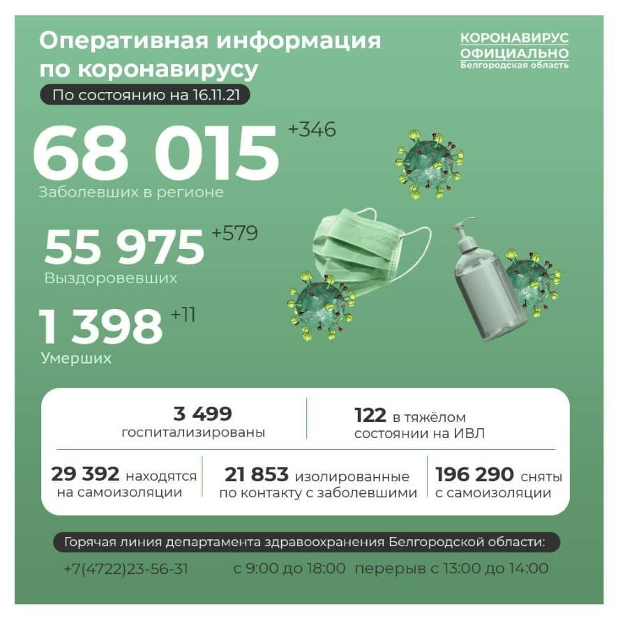 346 новых случаев COVID-19 выявлено в Белгородской области за последние сутки