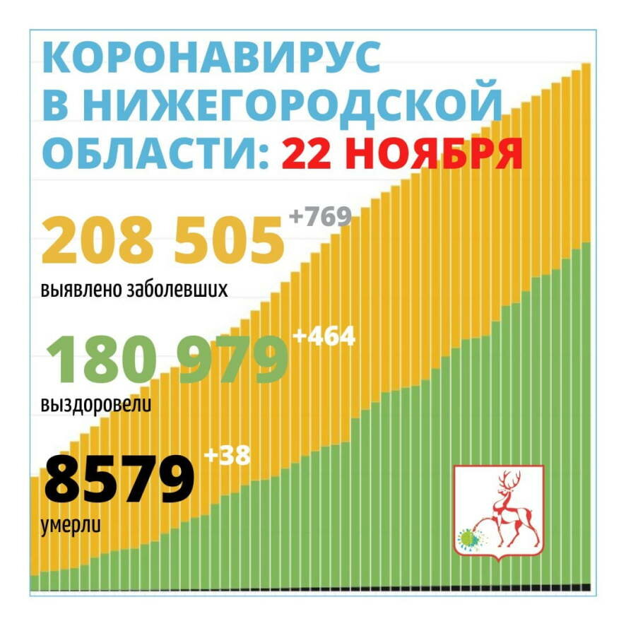В Нижегородской области на 22 ноября выявлено 769 новых случаев заражения коронавируса