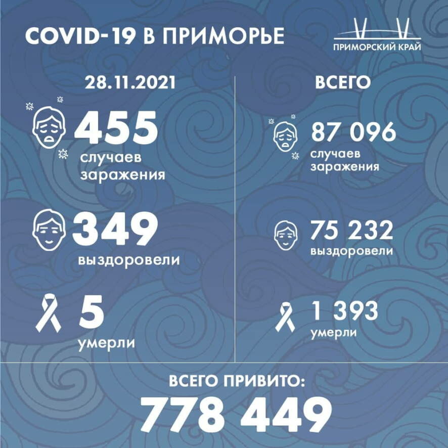 В Приморском крае на 28 ноября подтверждено 455 новых случаев коронавируса