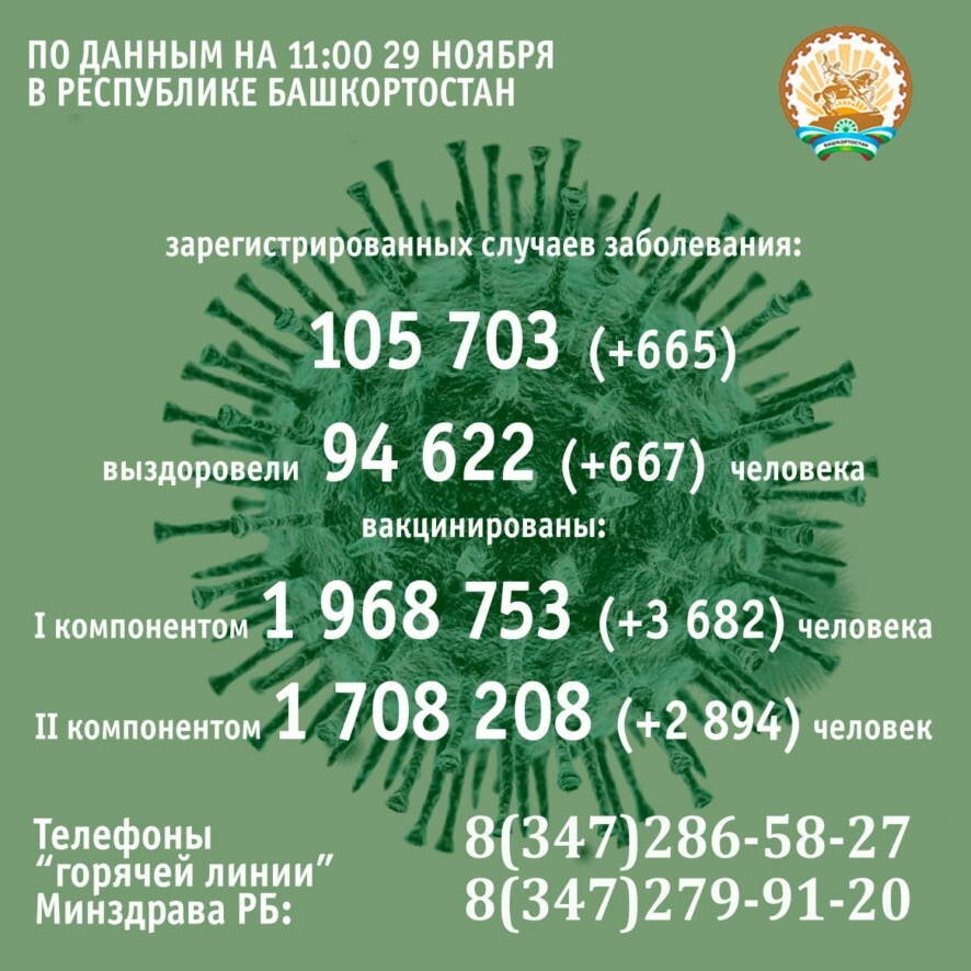 По данным на 29 ноября, 665 человек заболели коронавирусом в Башкортостане за минувшие сутки