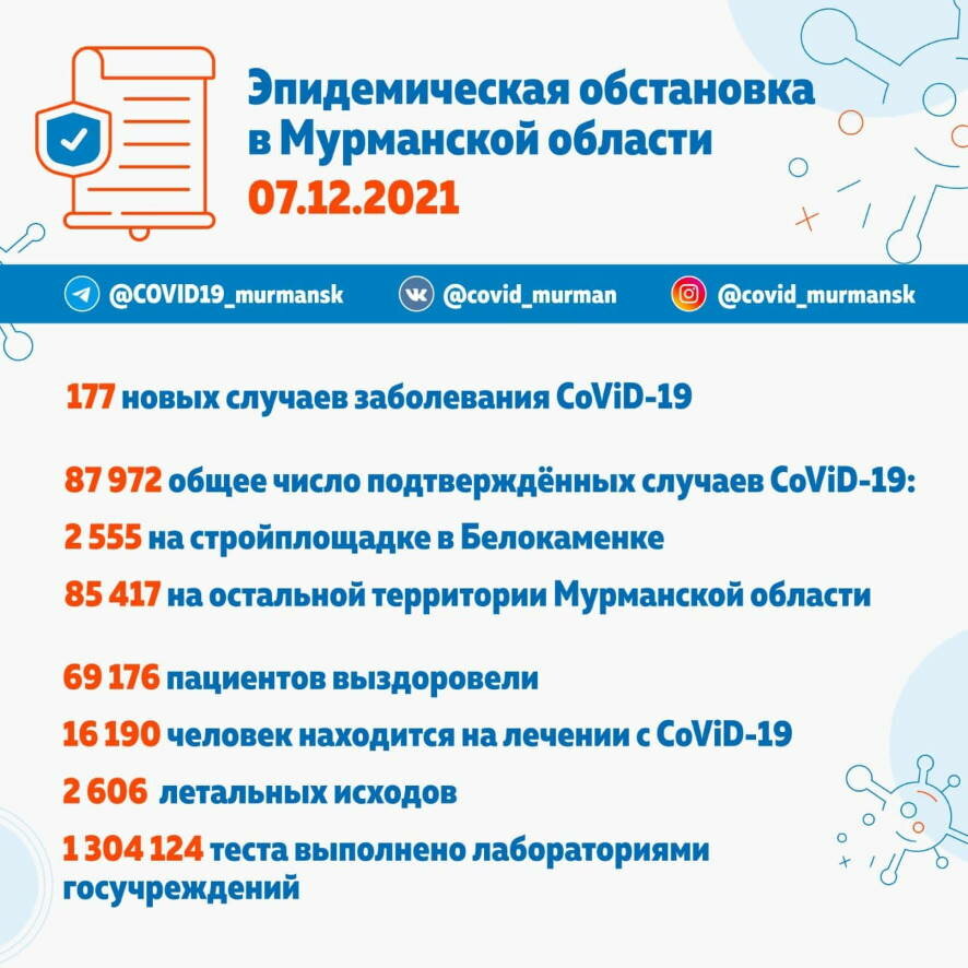 В Мурманской области коронавирус на 7 декабря выявлен у 177 человек
