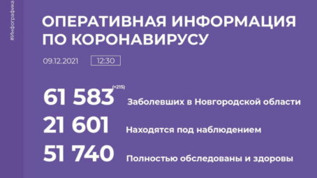 Коронавирус в Новгородской области за сутки был подтвержден у 215 человек
