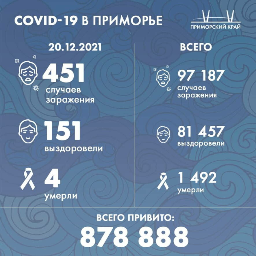 На утро 20 декабря в Приморском крае подтвержден 451 новый случай COVID-19