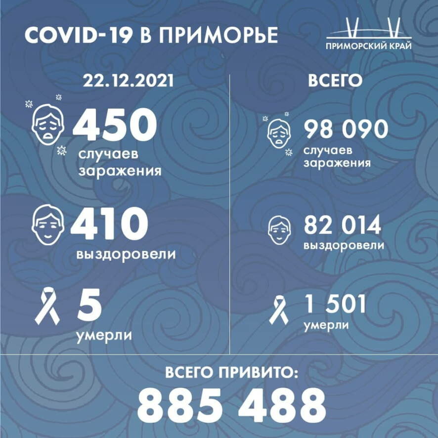 На утро 22 декабря в Приморском крае диагноз ковид подтвержден 450 раз