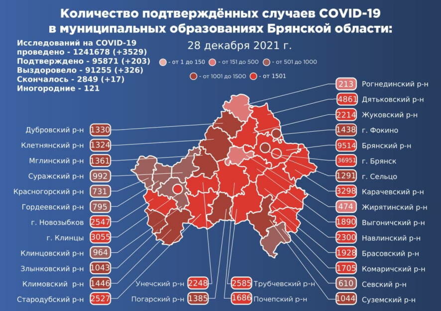 В Брянской области по состоянию на 28 декабря зафиксировано 203 новых случаев заражения COVID-19