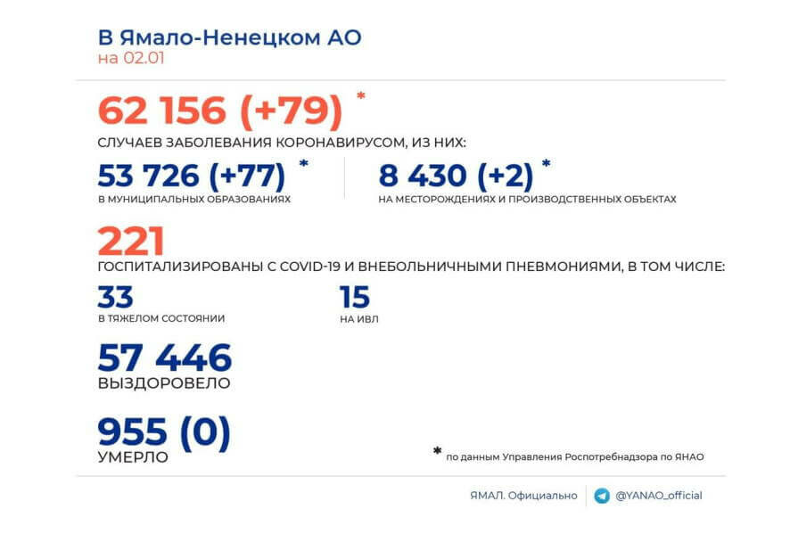 По состоянию на 2 января в Ямало-Ненецком АО диагноз ковид поставлен 79 раз