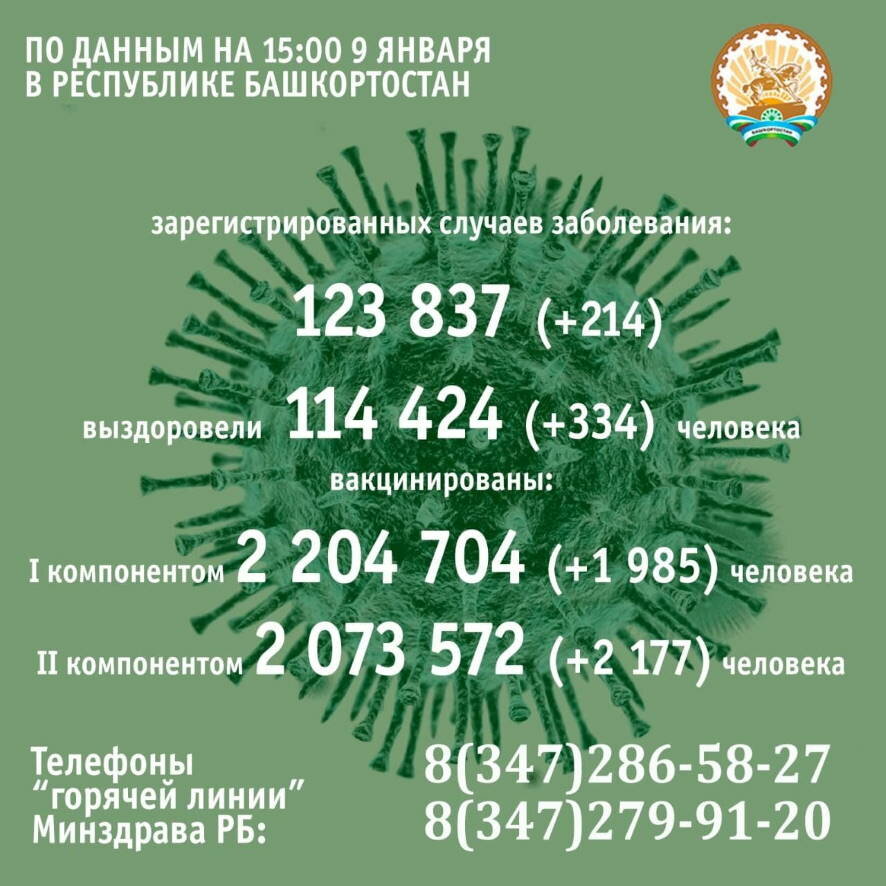 По данным на 9 января за сутки в Башкортостане заболели коронавирусом 214 человек