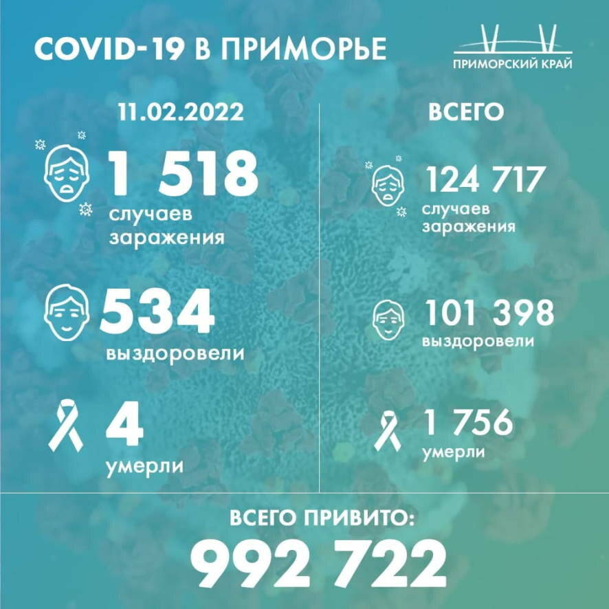 В Приморском крае на утро 11 февраля выявлено 1 518 новых случаев COVID-19