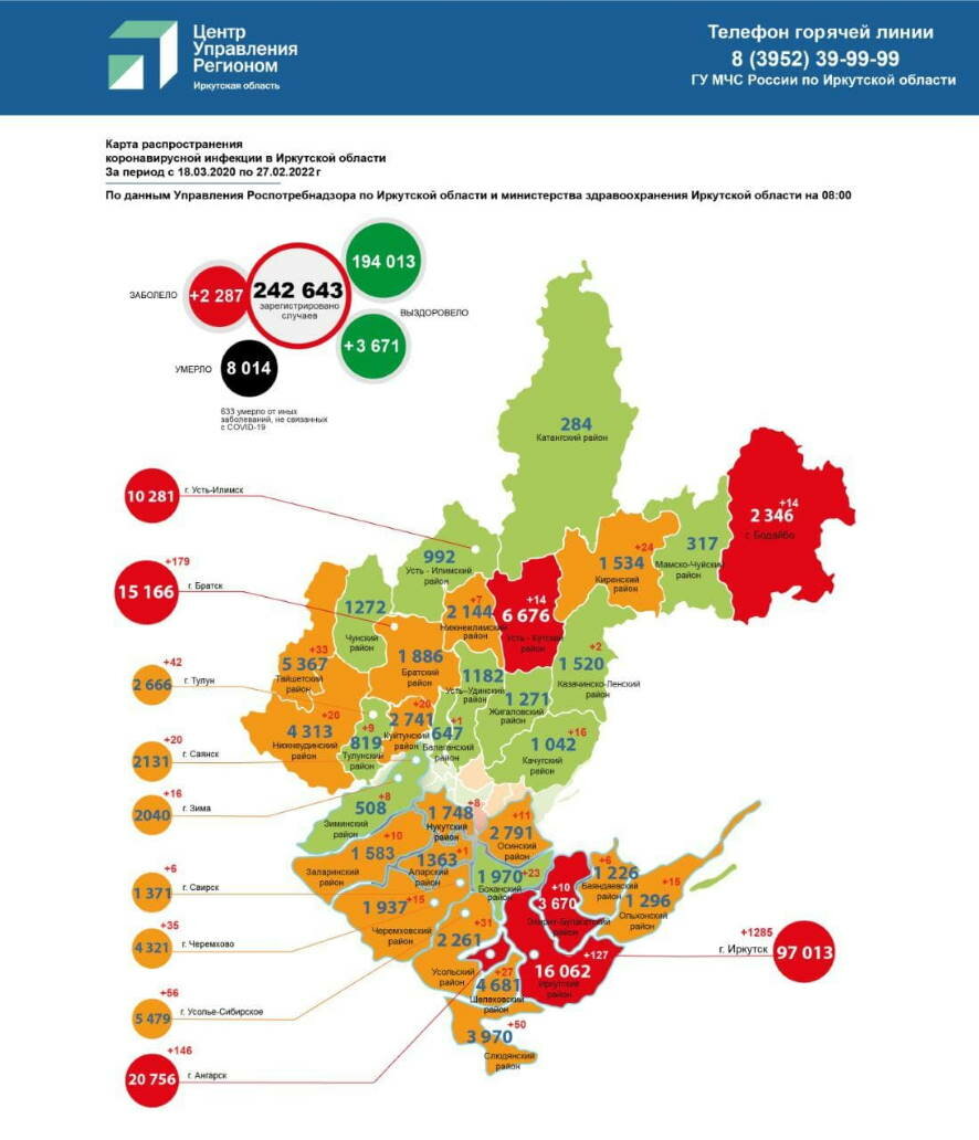 Коронавирусу в Иркутской области на 27 февраля 2022 года: карта  распространения