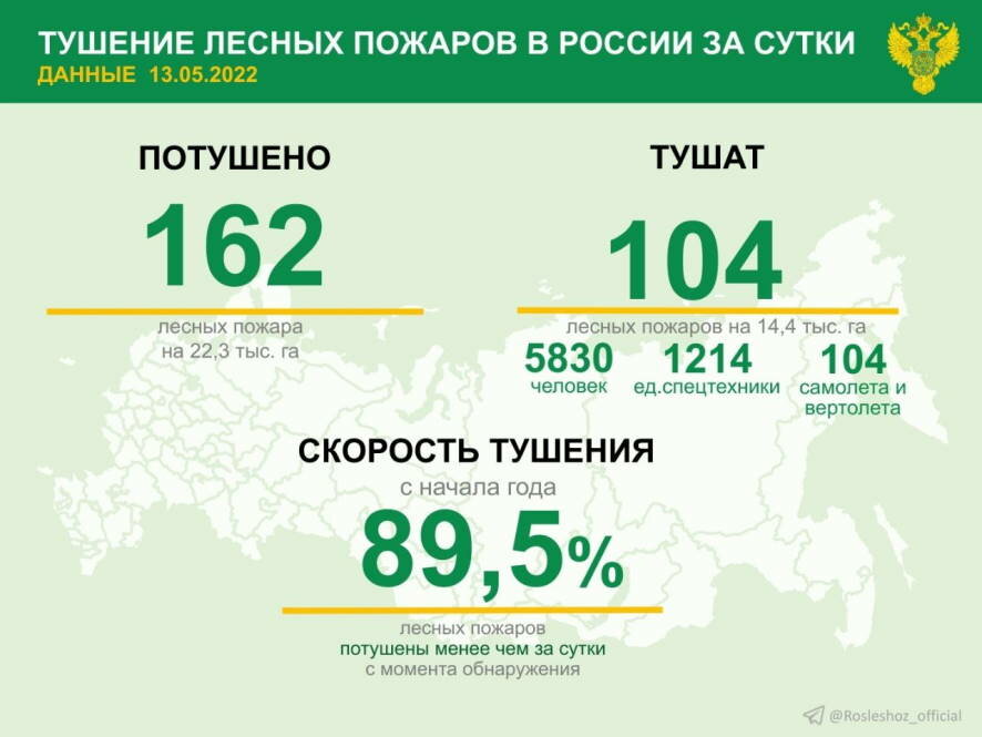 За прошедшие сутки в России потушили 162 лесных пожара на 22,3 тыс. га