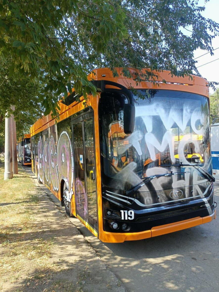 Сегодня ночью на территории самарского трамвайно-троллейбусного управления неизвестные разрисовали городские троллейбусы