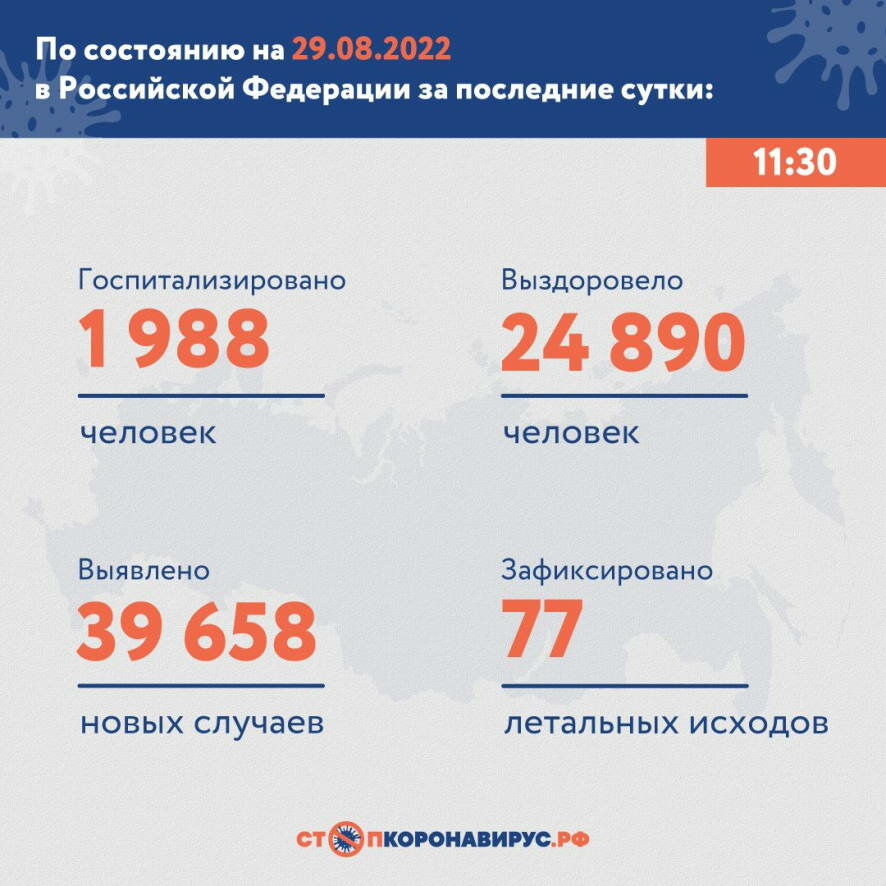 39 658 новых случаев COVID-19 выявлено в России на утро 29 августа