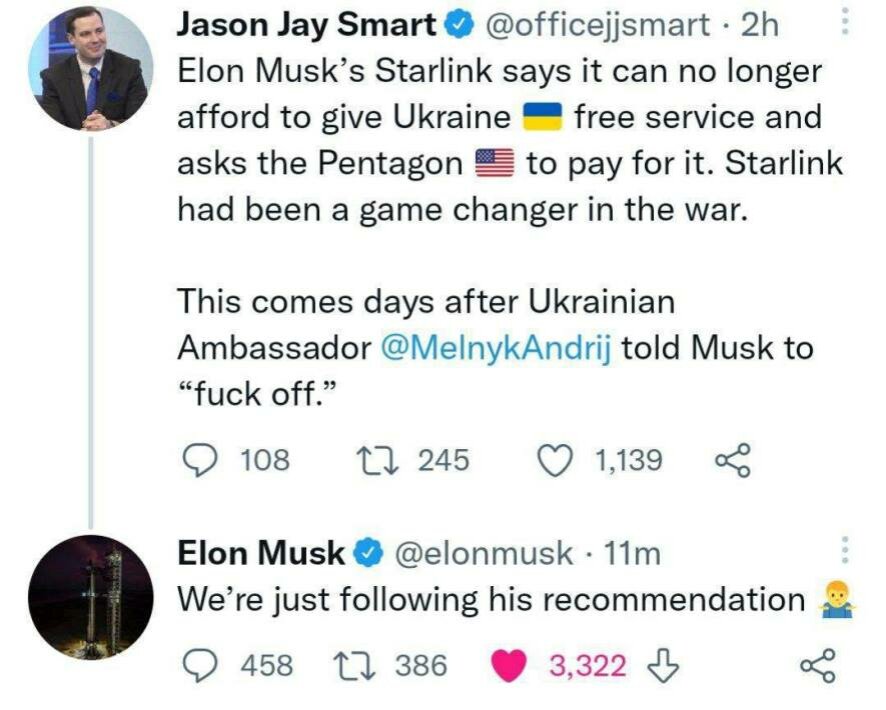 Илон Маск продолжает троллить Украину в Twitter
