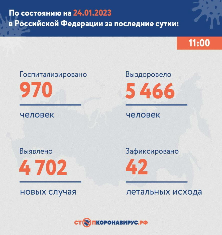 По состоянию на 24 января 2023 года в России за сутки выявлено 4 702 новых случая COVID-19