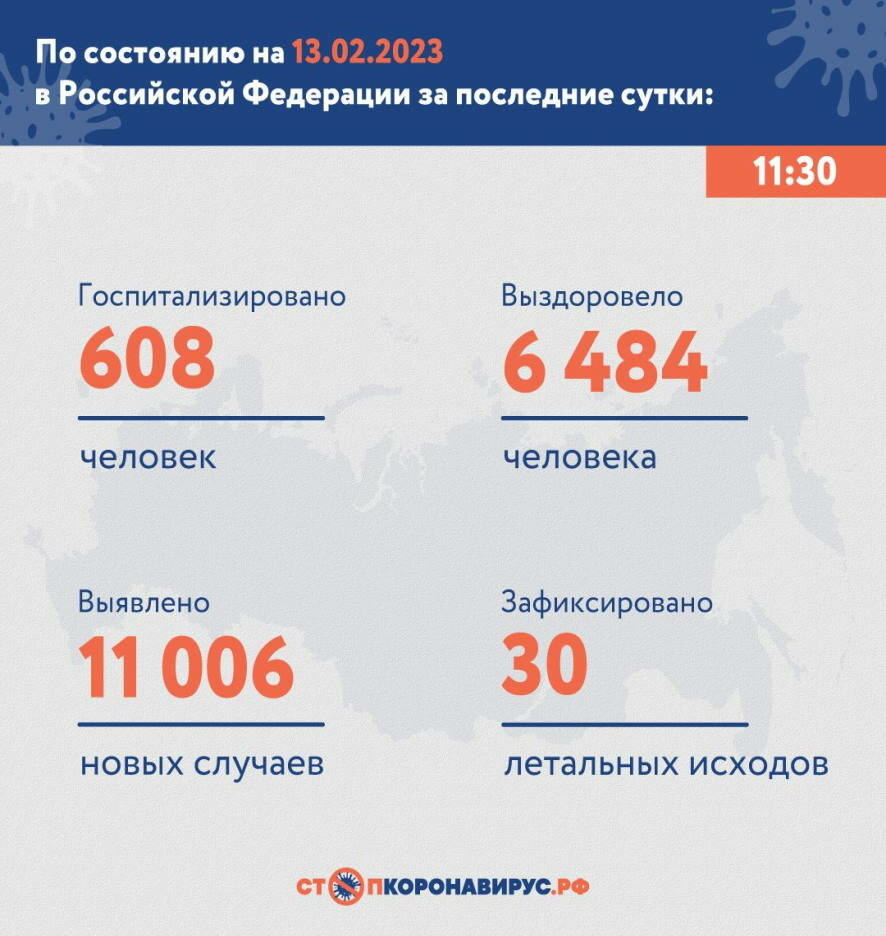 По состоянию на 13 февраля 2023 года в России за сутки выявлено 11 006 новых случаев COVID-19