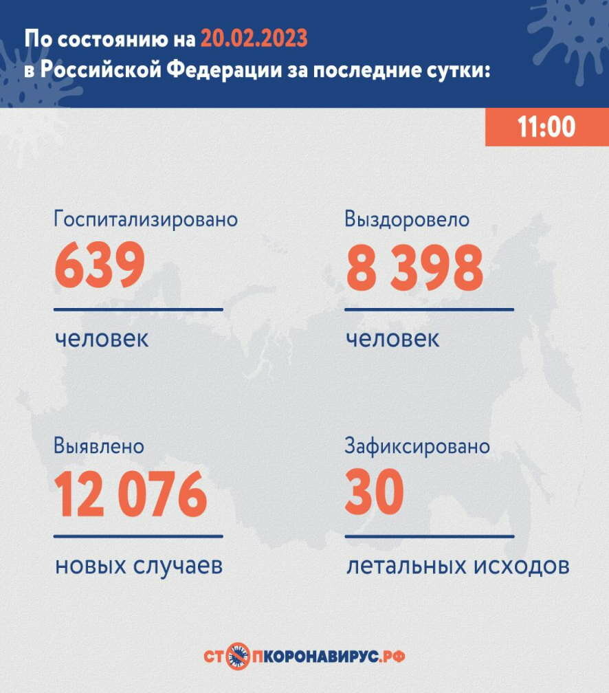 По состоянию на 20 февраля 2023 года в России за сутки выявлено 12 076 новых случаев COVID-19