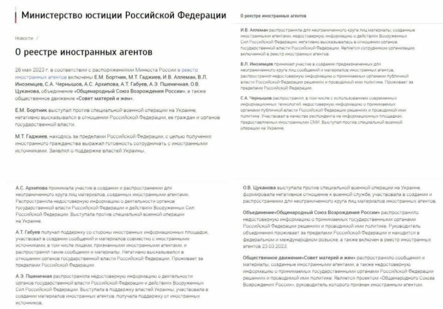 Минюст РФ пополнил список иностранных агентов — в него вошло Общественное движение «Совет матерей и жен»