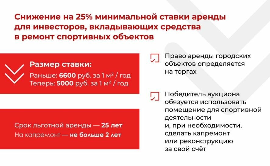 Собянин: Снизим на 25% минимальную ставку аренды для инвесторов, вкладывающих деньги в ремонт спортивных объектов