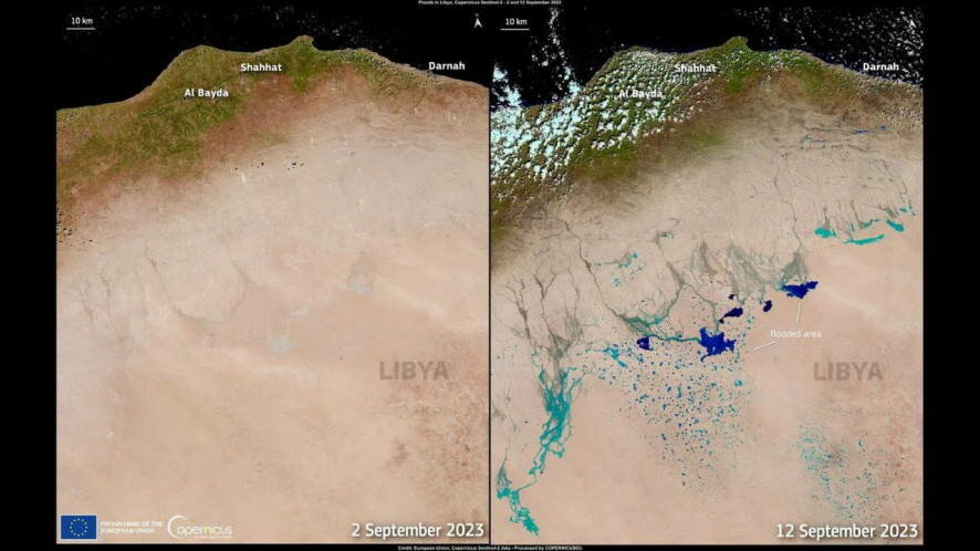 Пустыня Аль-Мухайли в Ливии после прошедшего в стране наводнения уже несколько суток покрыты водой