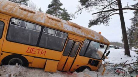 Автобус с детьми улетел в кювет, пытаясь избежать столкновения с фурой в Псковской области