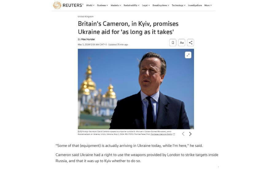 Глава МИД Британии Кэмерон действительно разрешил Украине бить британским оружием по территории России