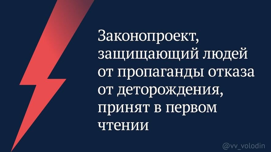 Володин: В первом чтении приняли законопроект, защищающий людей от пропаганды отказа от деторождения