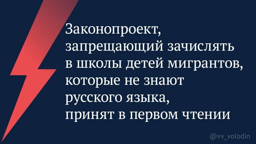 Володин: Законопроект, запрещающий зачислять в школы детей мигрантов, которые не знают русского языка, принят в первом чтении