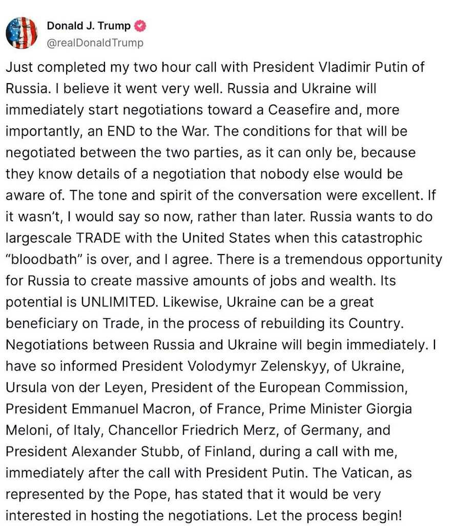 Россия и Украина немедленно начнут переговоры о прекращении огня — Трамп