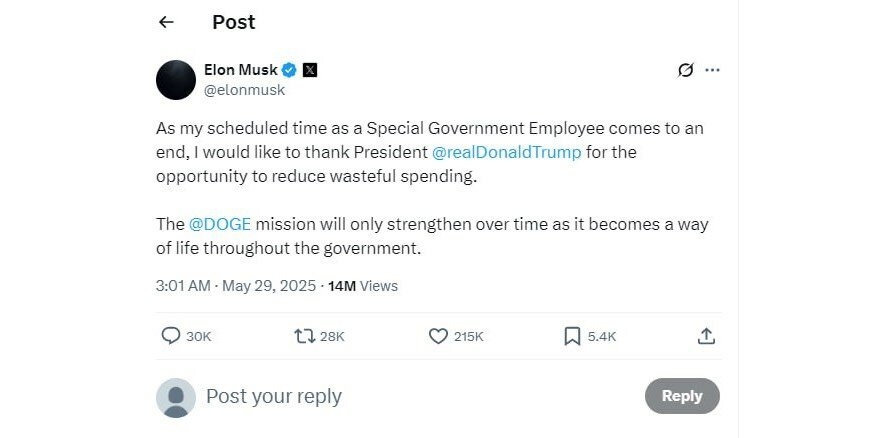Илон Маск сообщил Белому дому о своем уходе с поста главы департамента эффективности правительства (DOGE), отвечающего за сокращение расходов