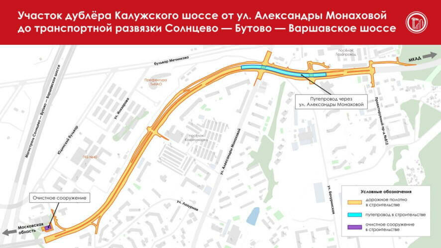 Участок дублёра Калужского шоссе от улицы Монаховой до транспортной развязки Солнцево — Бутово — Варшавское шоссе готов почти на 40%