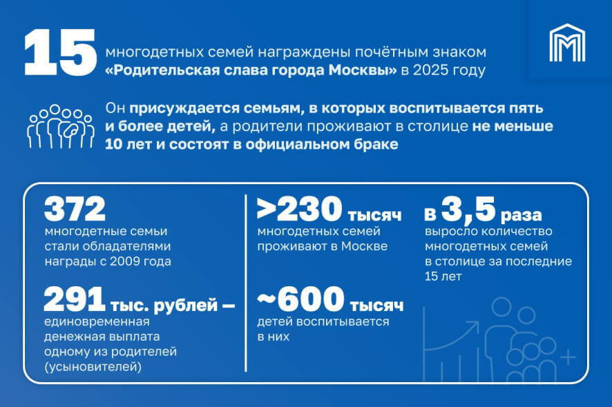 15 многодетных семей наградили почётным знаком «Родительская слава города Москвы»