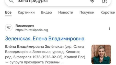 На запрос «жена придурка» Google выдает информацию о Елене Зеленской