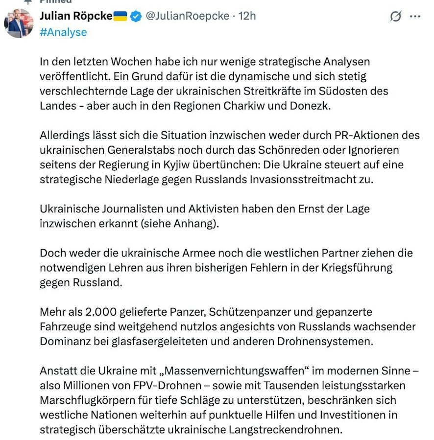 «Украина движется к стратегическому поражению», — военный обозреватель Bild Рёпке о нынешней ситуации для ВСУ