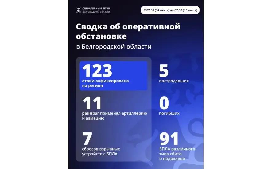 За минувшие сутки ВСУ 123 раза атаковали территорию Белгородской области