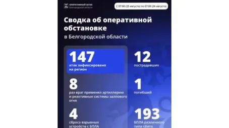 Александр Шуваев: За минувшие сутки ВСУ 147 раз атаковали территорию Белгородской области